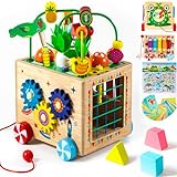 UdoUto Wooden Activity Cube for 18M+ | Toddlers Wooden Montessori Educational Toys for Baby Boys Girls Age 1 2 3 Year Old | Learning Fine Motor Skills Game | Bonus Stickers & Animal Cards
