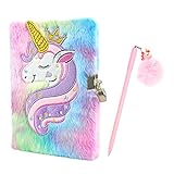 RTUDOPUYT Unicorn Diary with Lock for Girls with Pen, Unicorn Journal for Girls With lock And Key, Plush Secret Diary Lined Notebook 160 Pages, Unicorn Gifts for Girls (Unicorn Diary)