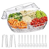 LIMOEASY Chilled Veggie Tray, 15 Inch Clear Party Platter with 4 Compartments, Ice Serving Bowl with Lid, Cold Food Buffet Server for Fruit, Vegetable, Appetizer, Shrimp