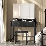 Fameill Vanity Desk with Lights and Power Strip,Makeup Vanity Table with Tri-Fold Mirror,2 Drawers Makeup Desk with Lots Storage Shelves,3 Color Lighting Modes,Black