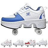 PLMOKN Women's Retractable Roller Skates Outdoor Girls Kick Roller Shoes Men Deformation Sneakers,New White and Blue(????) EU 42/US 10