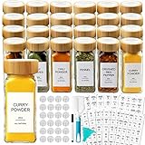 AISIPRIN 24 Pcs Glass Spice Jars with Bamboo Airtight Lids and 398 Labels, 4oz Empty Square Containers Seasoning Storage Bottles - Shaker Lids, Funnel, Brush and Marker Included