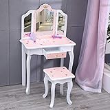 Nromant Kids Vanity Table and Chair Set, Girls Vanity Set with Mirror and Stool, Tri-Folding Mirror, Makeup Dressing Princess Table with Drawer, Kids Vanity Set with Mirror Age 4-9