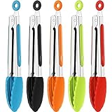 Mudder 5 Pieces Small Silicone Tongs 7 Inch Mini Serving Kitchen Tongs with Silicone Tips Small Serving Tongs Stainless Steel Cooking Tongs for Salad, Grilling, Frying and Cooking