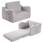 MOMCAYWEX Kids Chairs for Toddler, 2-in-1 Toddler Soft Sherpa Couch Fold Out, Convertible Sofa to Lounger for Girls and Boys, Grey