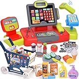 G.C Kids Cash Register Toy Pretend Play with Real Calculator Sound Scanner/Shopping Cart/Food/Play Money, Learning Counter Grocery Store Playset Toys Gift for Kid Boy Girl Age 3 4 5 6 7 8 Years Old
