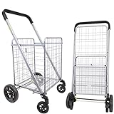 dbest products Cruiser Cart Deluxe 2 Shopping Grocery Rolling Folding Laundry Basket on Wheels Foldable Utility Trolley Compact Lightweight Collapsible, Silver