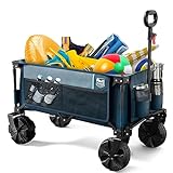 TIMBER RIDGE Outdoor Collapsible Wagon Utility Folding Cart Heavy Duty All Terrain Wheels for Shopping Camping Garden with Side Bag and Cup Holders, Navy