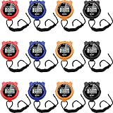 TOODOO 12 Pack Multi Function Digital Stopwatch Timer Bulk Sports Stopwatch with Lanyard Plastic Display Waterproof Date Time Alarm Stopwatch Timer for Coaches Fitness Referees (Black Blue Red Orange)