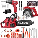 Mathea Kids Tool Set - Pretend Play, Electronic Safe and Realistic Chainsaw Drill Circular Saw with Goggles, 36 PCS Toy Tool Set for Toddlers Boys Girls Age 3-12 Years Old