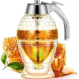 Acrylic Honey Dispenser with Stand Honey Comb Shaped Honey Pot, Syrup and Sugar Jar Pot, No Drip Honey Dispenser with High Capacity Honey Pourer Dispenser