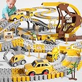 iHaHa 299 PCS Construction Race Tracks Playset With 6 Engineering Cars and Flexible Tracks - Create Roads for Kids Ages 3 to 6