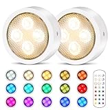 Puck Lights with Remote Control Battery Operated Wireless LED Under Cabinet Lights, Stick on Tap Light Push Lights, Color Changing Under Counter Lights for Kitchen, Closets, Shelf, 2 Pack - White