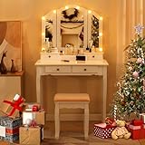 LilyFantasy Makeup Vanity with Lights, Vanity Desk with Cushioned Stool, Tri-fold Vanity Table Set with 4 Drawers, 3 Adjustable Light Modes, 2 Brush Slots, 2 Open Compartments for Girls, Women, White