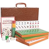 GUSTARIA Chinese Mahjong Set, Mahjong Game Set with 146 Numbered Large Tiles (1.5', Green), Mahjongg Tiles Set with Brown Carrying Case (Mah Jongg, Majiang)