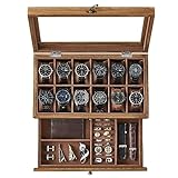 SONGMICS 12-Slot Watch Box, 2-Tier Watch Display Case with Large Glass Lid, Removable Watch Pillows, Velvet Lining, Jewelry Box, Gift Idea, Rustic Walnut UJOW012K01