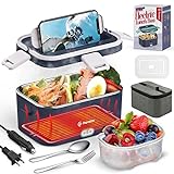 Pavezo Electric Lunch Box [Faster-75W, Large-1.8L/61-oz] Food Heated Lunch Box, 12V/24V/110V Food Warmer Lunch Box for Car Truck Home, With Airtight Lid, SS Container, Fork Spoon, Carry Bag