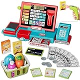 HYES Kids Cash Register Toy Playset with Real Calculator, Toddler Pretend Play Store incl Scanner/Credit Card/Play Money/Conveyor/Food Toys, Learning Toys Gifts for Boys Ages 4-8 8-12, Red