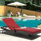 RYNSTO Patio Chaise Lounge with 5 Backrest Angles, Single Adjustable Patio Wicker Lounge Chair with Water Repellent Cushion and Wheels for Poolside Backyard Deck Porch Garden, Wine Red