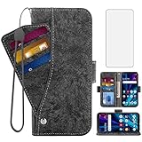 Asuwish Compatible with Alcatel TCL A3X A600DL Wallet Case and Tempered Glass Screen Protector Card Holder Cell Accessories Leather Flip Phone Cover for TCLA3X TLC AX3 600DL 6.0 inch Women Men Black