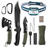WORKPRO Camping Hatchet & Machete with Sheath, Camping Axe and Fixed Blade Hunting Knives with Paracord Handle, Headlamp, Flint, Camping Tool Set for Outdoor Hunting Survival