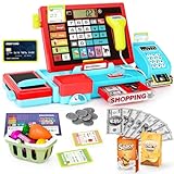 maysida Cash Register Toy for Kids-52PCS Real Calculator Cash Register, Pretend Play Store with Music/Scanner/Credit Card/ Play Money/ Food/Microphone, Learning Toy Playset Gift for Toddler Boy Girl