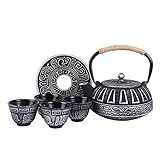 COOGOU Cast Iron Teapot Set Japanese Style Tea Kettle with Infuser, Enameled Interior Cast Iron Tea Pot with 4 Teacup for Stove Top, Handmade Gift for Friend (28 Oz, Black)