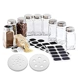 Hayley Cherie - 6 oz Large Square Glass Spice Jars (Set of 10) - Chalkboard Labels, Stainless Steel Lids and Large & Small Shaker Inserts