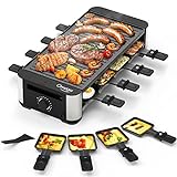 OMAIGA Raclette Table Grill, Korean BBQ Grill Raclette Grill with 8 Paddles & 8 Spatulas, Electric Indoor Grill with Reversible 2-in-1 Non-Stick Grill Plate, Temperature Control & Dishwasher Safe, 1400W