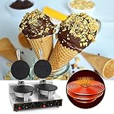 WICHEMI Ice Cream Cone Maker Commercial Waffle Cone Maker Machine Stainless Steel Electric Cone Waffle Maker Non-Stick Double Head Egg Roll Mold for Restaurant Home Use, 110V 2400W