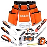 REXBETI 15pcs Young Builder's Tool Set with Real Hand Tools, Reinforced Kids Tool Belt, Waist 20'-32', Kids Learning Tool Kit for Home DIY and Woodworking