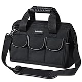 TICONN 12in Tool Bag with Waterproof Soft Bottom, Multi-Pockets Wide Mouth Tool Tote with Safety Reflective Straps, Adjustable Shoulder Strap