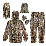Ghillie Suit, Adult 3D Leafy Suit for Hunting, Hunting Gear Including Hunting Clothes, Hunting Gloves, Leafy Face Mask and Bag, Lightweight Leafy Camo Suit for Jungle Hunting and Halloween, M