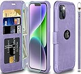 VANAVAGY Wallet Case for iPhone 14 5G for Women and Men,RFID Flip Leather Cover with Wrist Supports Wireless Charging with Card Holder and Screen Protector,Clove Purple