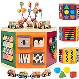 WOODMAM Farm Animal Activity Cube, 9-in-1 Wooden Montessori Toddler Toys, One Year Old First Birthday Gift, Baby Toy Set Including Magnetic Trains & Shape Sorter