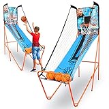 Single Hoop Basketball Shootout Indoor Home Arcade Room Game with Electronic LED Digital Basket Ball Shot Scoreboard and Play Timer Fold-up Court Shooting Sports for Kids and Adults Player, Blue