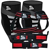 Nordic Lifting Elbow Compression Sleeves (1 Pair) X-Large and Wrist Wraps + Lifting Straps (2 Pairs) Red
