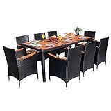 Devoko Outdoor Patio Dining Sets 9 Pieces Wicker Outdoor Dining Table and Chairs Set with Acacia Wood Table Top and Widened Armrests for Backyard, Garden, Deck (Black)
