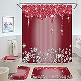 4 Pcs Glitter Diamond Shower Curtain Sets, Burgundy Shiny Drips Bath Decor with Rugs and Toilet Lid Cover, Wine Red Luxury Texture Colorful Bling Modern Bathroom Curtain with 12 Hooks, 72 x 72 inchs