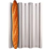 Baguette Pan, Fulimax French Bread Pans For Baking Pan, Nonstick 3 Slots Perforated Italian Loaf Pan Mold Long French Bread Pan,Golden
