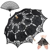 Paterr 3 Pcs 30 Inch Handmade Black Lace Parasol Umbrella Cotton Hand Folding Fan Lace Glove for Wedding Bridal Halloween Cos