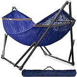 Tranquillo Double Hammock with Stand Included for 2 Persons/Foldable Hammock Stand 600 lbs Capacity Portable Case - Inhouse, Outdoor, Camping, Blue