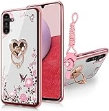 B-wishy for Samsung Galaxy A14 5G/A14 4G Glitter Crystal Butterfly Heart Floral Slim TPU Luxury Bling Cute Protective Cover with Kickstand+Strap for Samsung Galaxy A14 4G/5G(Rose Gold)