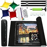 Jigsaw Puzzle Mat Roll Up, Puzzle Mat 46” x 26” Portable Up to 1500 Pieces, Puzzle Saver with 9 Pieces Puzzle Glue Sheets for Kids and Adults, Hand Pump Inflatable Tube and Storage Bag (Black)