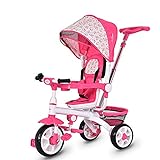 Costzon Tricycle for Toddlers, 4 in 1 Trike w/ Parent Handle, Adjustable Canopy, Storage, Safety Harness & Wheel Brakes, Baby Push Tricycle Stroller for Kids Boys Girls Aged 10 Month-5 Years Old, Pink