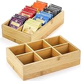 Dicunoy 2 Pack Bamboo Tea Bag Organizer, Wood Hot Tea Bag Drawer Storage Organizer Holder with 6 Compartments, Tea Chest Box for Coffee Station, Sugar Packet, Sweeteners, Small Packets