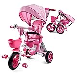 JMMD Baby Tricycle, 7-in-1 Folding Kids Trike with Adjustable Parent Handle, Safety Harness & Wheel Brakes, Removable Canopy, Storage, Stroller Bike Gift for Toddlers 18 Months - 5 Years(Pink)