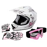 TCT-MT DOT Youth Kids Helmet+Goggles +Gloves ATV Street Dirt Bike Motocross Motorcycle Helmet (Pink Butterfly, Medium)