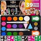 Zenovika Face Paint Kit for Kids - 60 Jumbo Stencils, 15 Large Water Based Paints, 2 Glitters - Halloween Makeup Kit, Professional Face Paint Palette, Safe for Sensitive Skin, Face Painting Book