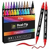 24 Colors Acrylic Paint Pens, Dual Tip Pens With Medium Tip and Brush Tip for Rock Painting, Ceramic, Wood, Plastic, Calligraphy, Scrapbooking, Brush Lettering, Card Making, DIY Crafts